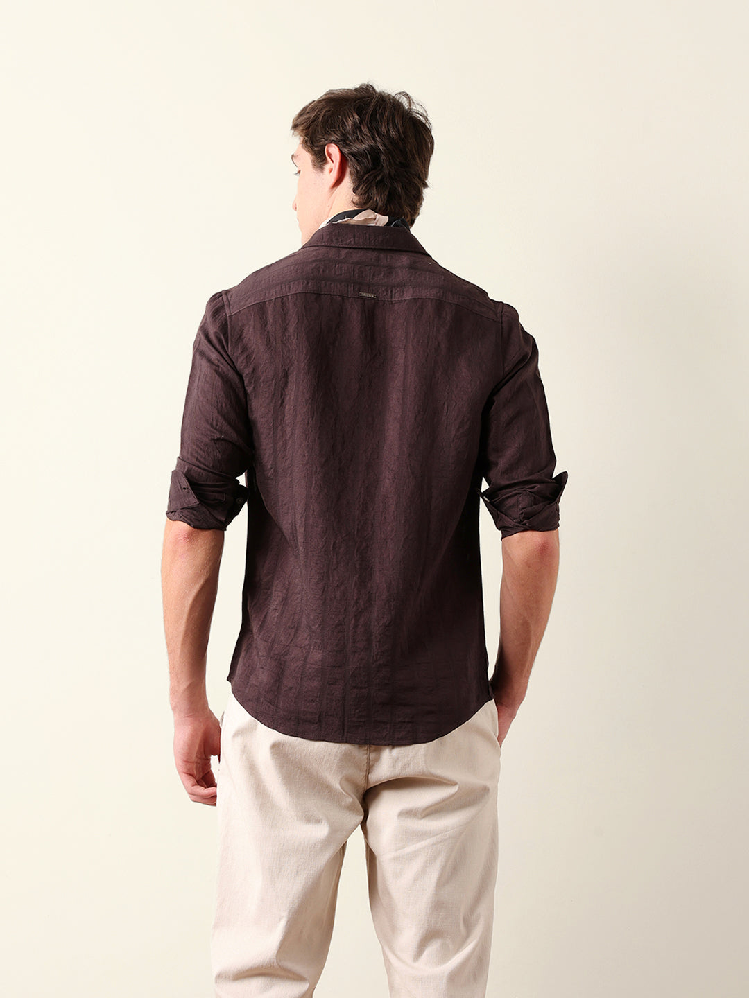 brown slim fit casual shirt with woven semi transparent vertical stripes brown slim fit casual shirt with woven semi transparent vertical stripes
