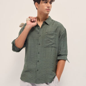green crinkled stripe textured relaxed fit long sleeve shirt