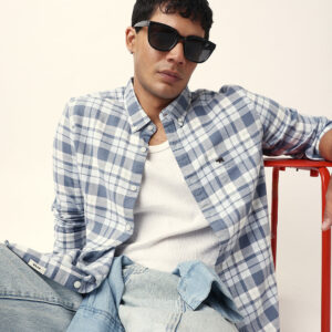 white with blue woven tartan checked slim fit casual shirt