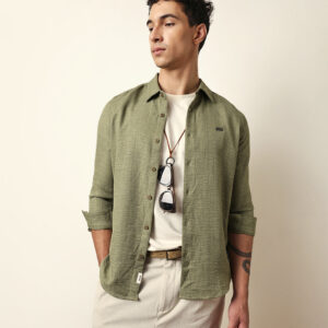 green woven textured slim fit casual shirt