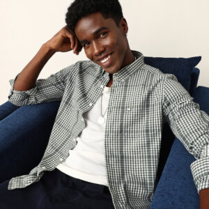 green & white woven micro checked slim fit casual shirt