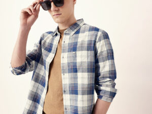blue woven checkered slim fit casual shirt