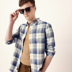 blue woven checkered slim fit casual shirt