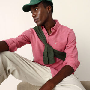 pink slim fit casual shirt with woven textured design