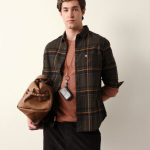 olive woven checked slim fit casual shirt