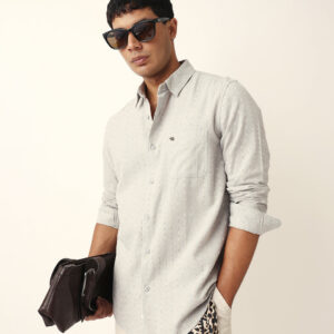 grey vertical striped slim fit casual shirt with textured stitch detailing