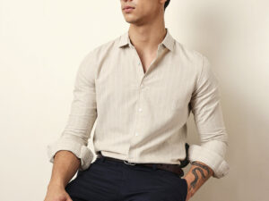 beige vertical woven stripe slim fit casual shirt