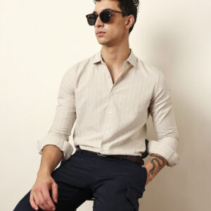 beige vertical woven stripe slim fit casual shirt