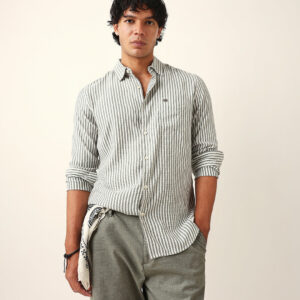green & white vertical woven pinstriped slim fit casual shirt