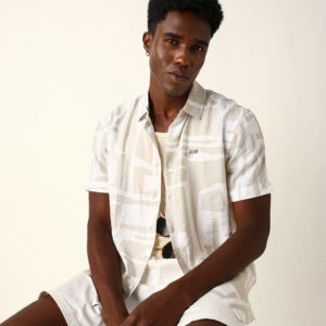 white & beige relaxed fit abstract stroke print half sleeve casual shirt