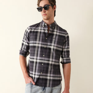 charcoal grey woven checkered slim fit casual shirt