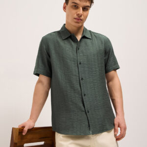 olive crinkled textured regular fit half sleeve casual shirt