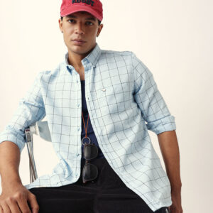 light blue block checks slim fit casual shirt