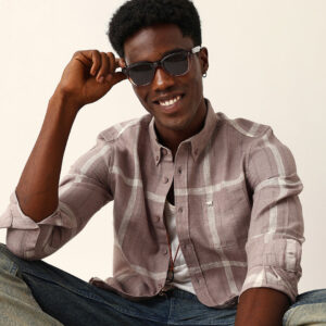 mauve brown & beige woven checked slim fit casual shirt with button down collar