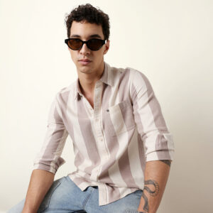 rust & cream vertical stripe regular fit casual shirt