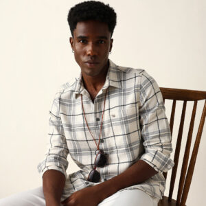 white & grey herringbone flannel checked regular fit casual shirt
