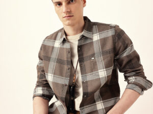 brown woven check slim fit casual shirt