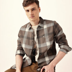 brown woven check slim fit casual shirt