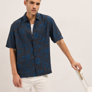 dark blue abstract digital print relax fit casual shirt
