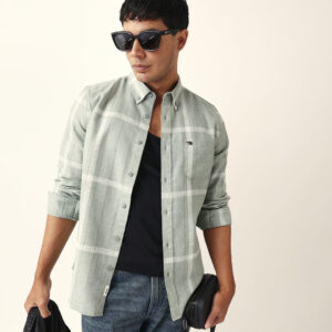 green & beige woven checked slim fit casual shirt with button down collar