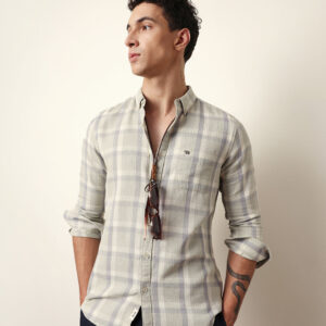 light green textured woven check slim fit casual shirt