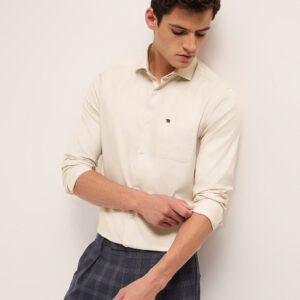 cream herringbone woven tailored fit formal shirt