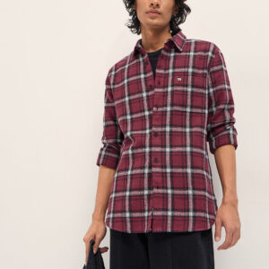 maroon slim fit tartan checked flannel casual shirt