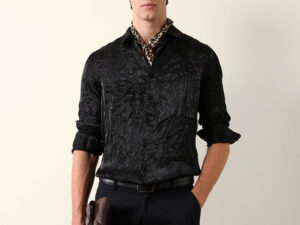 black regular fit casual shirt with crinkle effect & subtle sheen finish