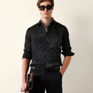 black regular fit casual shirt with crinkle effect & subtle sheen finish