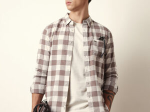 brown with cream woven checks slim fit casual shirt