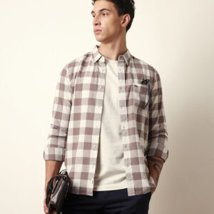brown with cream woven checks slim fit casual shirt
