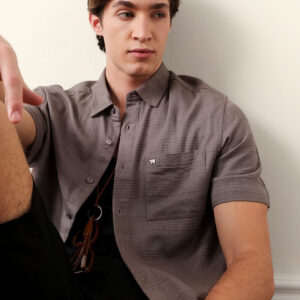 grey relaxed fit casual half sleeve shirt with textured horizontal stripes