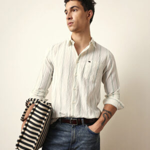 off white with green vertical textured stripe regular fit casual shirt