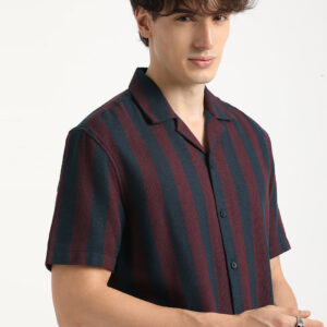 men maroon and navy striped regular fit cotton casual shirt