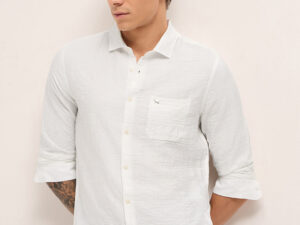 white slim fit casual shirt with woven textured check design