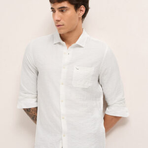 white slim fit casual shirt with woven textured check design