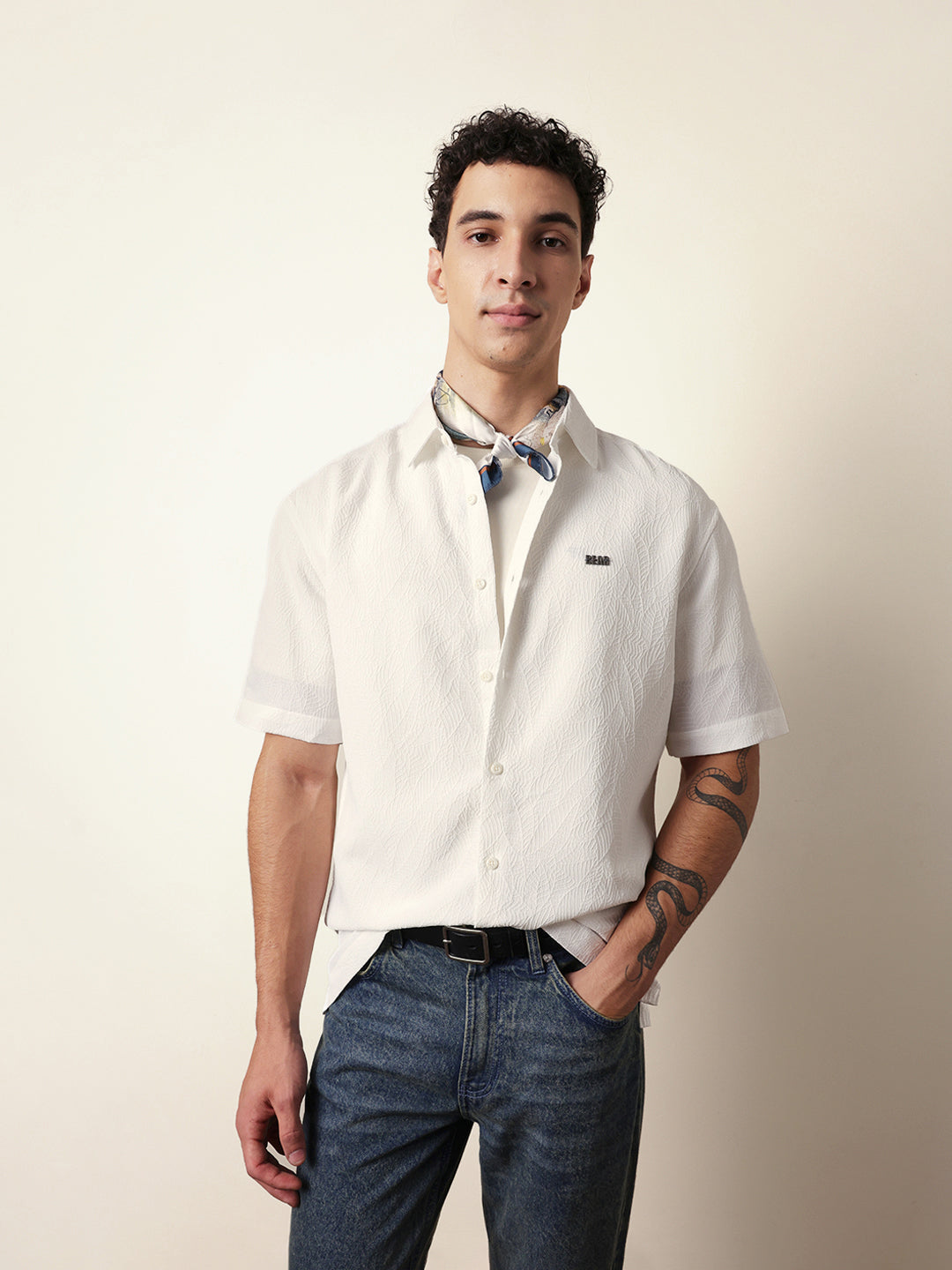 white all over textured leaf motif oversized shirt with half sleeves white all over textured leaf motif oversized shirt with half sleeves