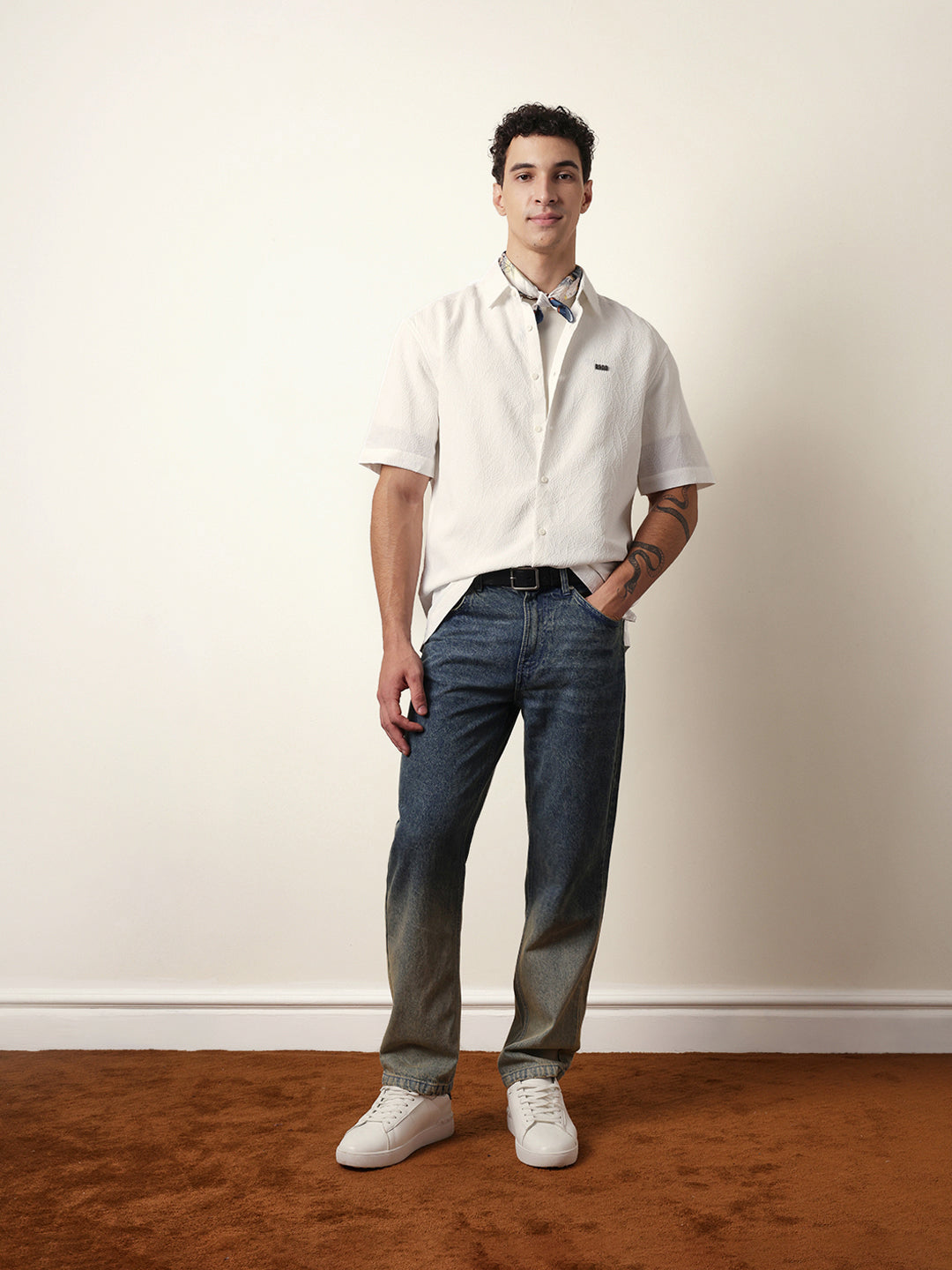 white all over textured leaf motif oversized shirt with half sleeves white all over textured leaf motif oversized shirt with half sleeves