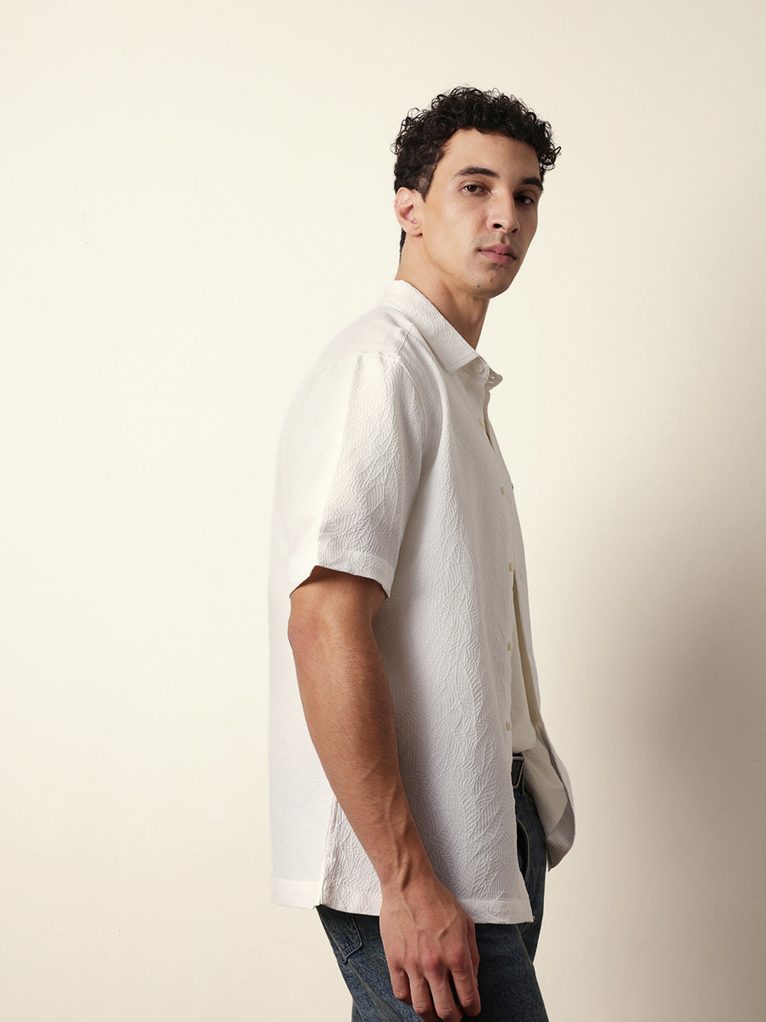 white all over textured leaf motif oversized shirt with half sleeves white all over textured leaf motif oversized shirt with half sleeves