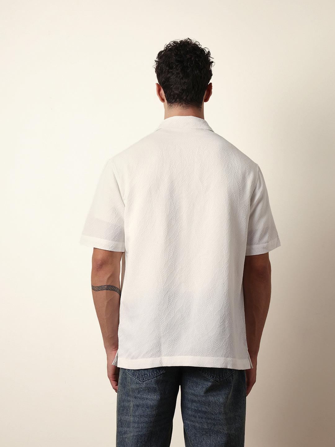 white all over textured leaf motif oversized shirt with half sleeves white all over textured leaf motif oversized shirt with half sleeves