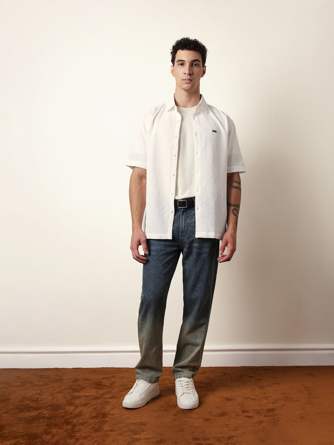 white all over textured leaf motif oversized shirt with half sleeves white all over textured leaf motif oversized shirt with half sleeves
