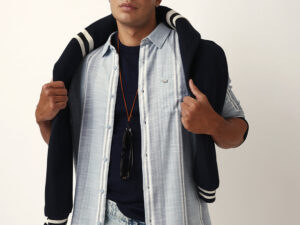blue & white herringbone striped slim fit casual shirt