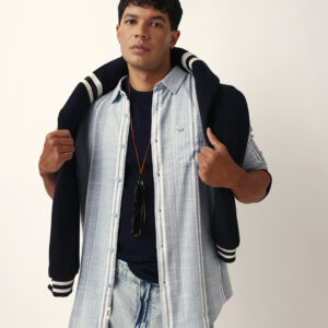 blue & white herringbone striped slim fit casual shirt