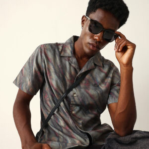 multicolor abstract wavy print cuban collar relaxed fit casual shirt