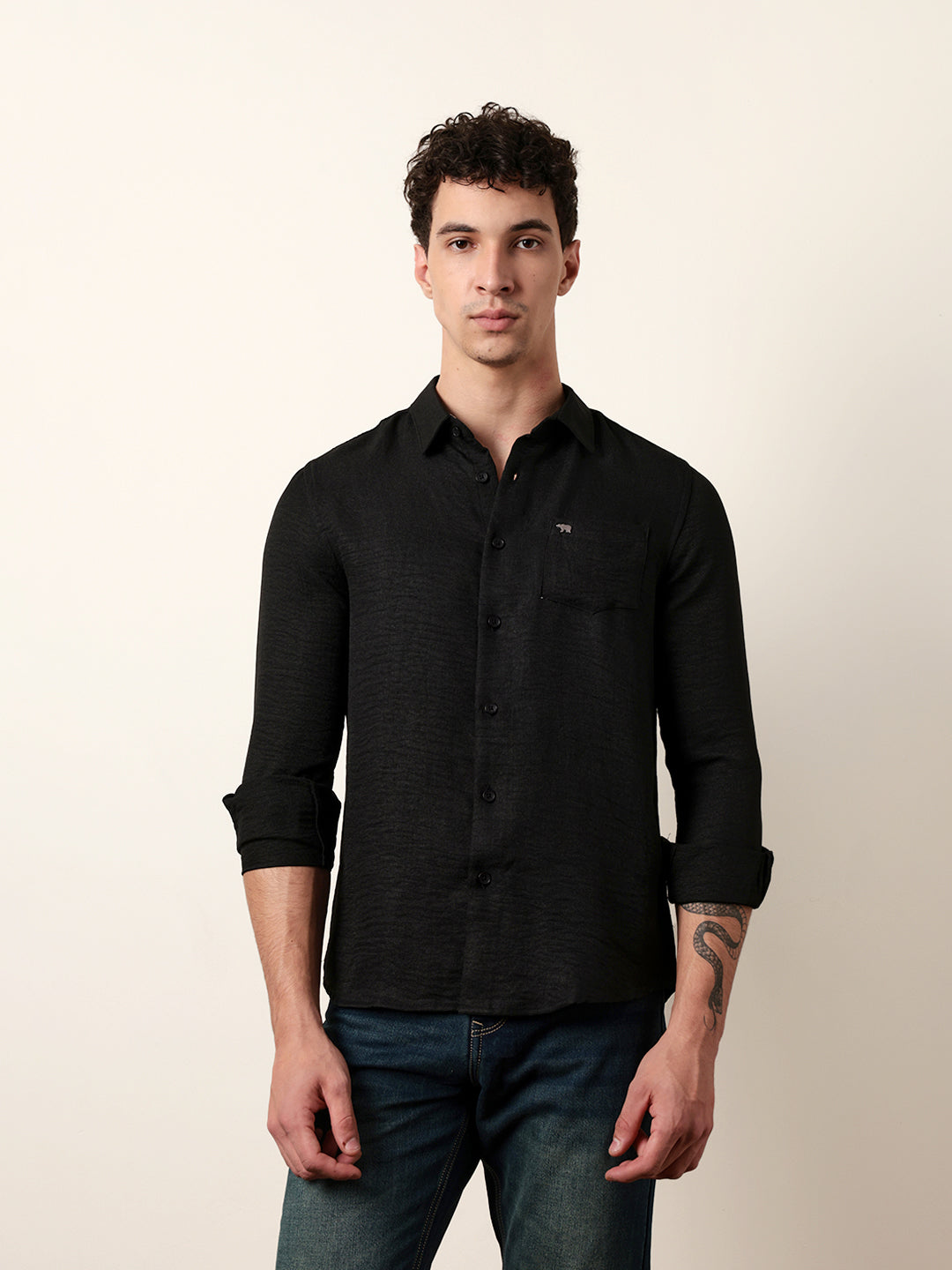 black woven solid slim fit casual shirt black woven solid slim fit casual shirt
