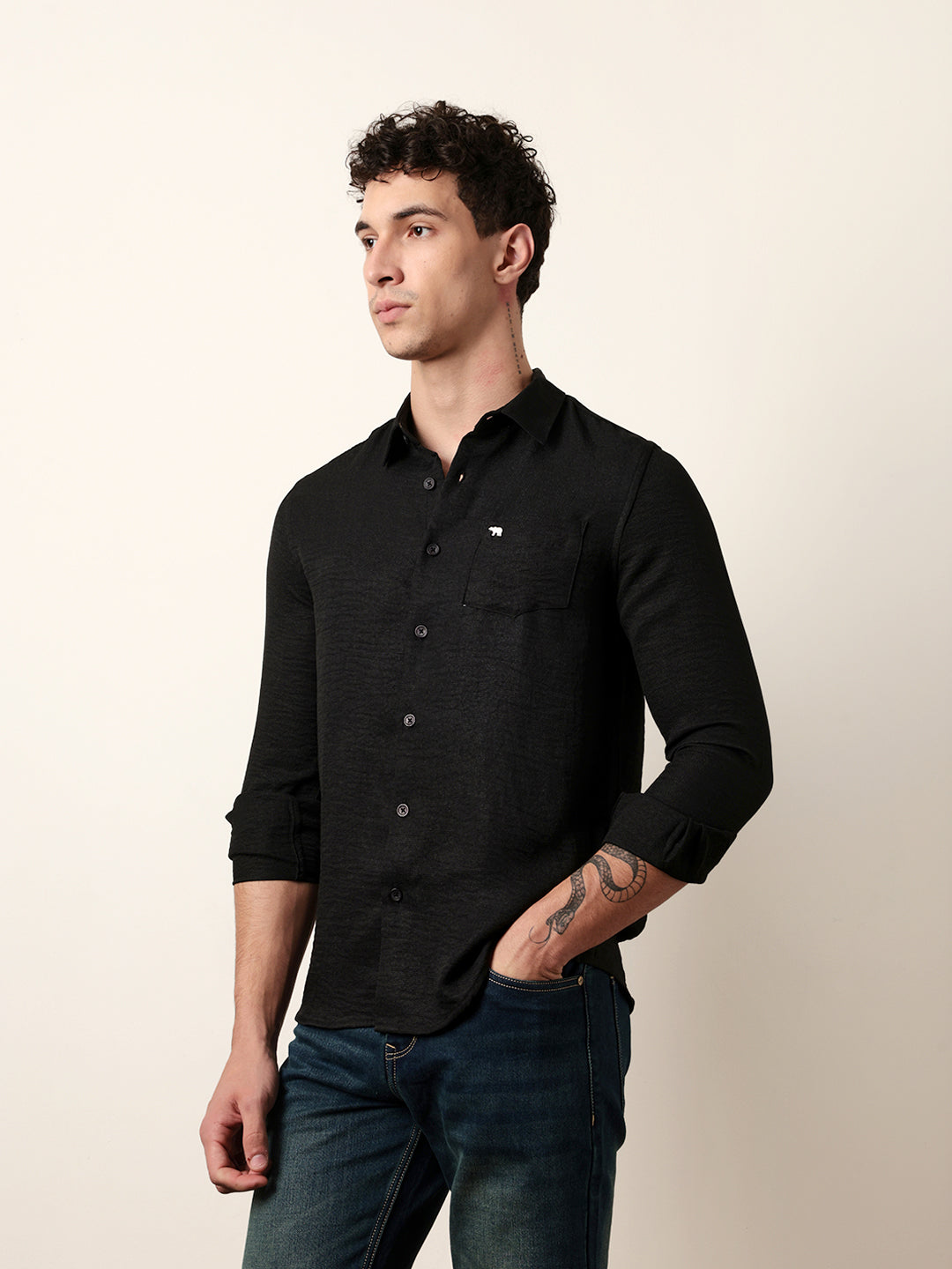 black woven solid slim fit casual shirt black woven solid slim fit casual shirt
