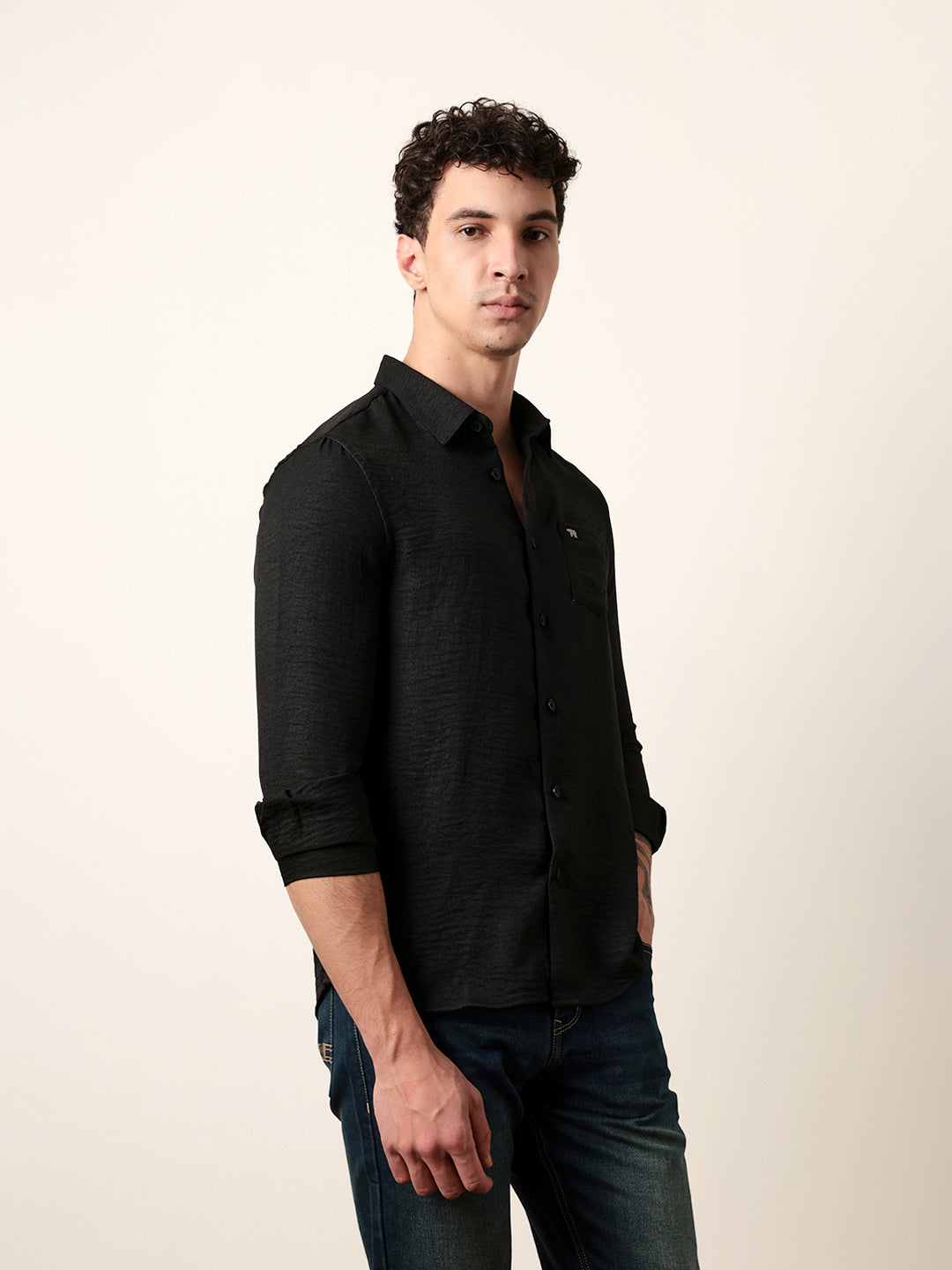 black woven solid slim fit casual shirt black woven solid slim fit casual shirt