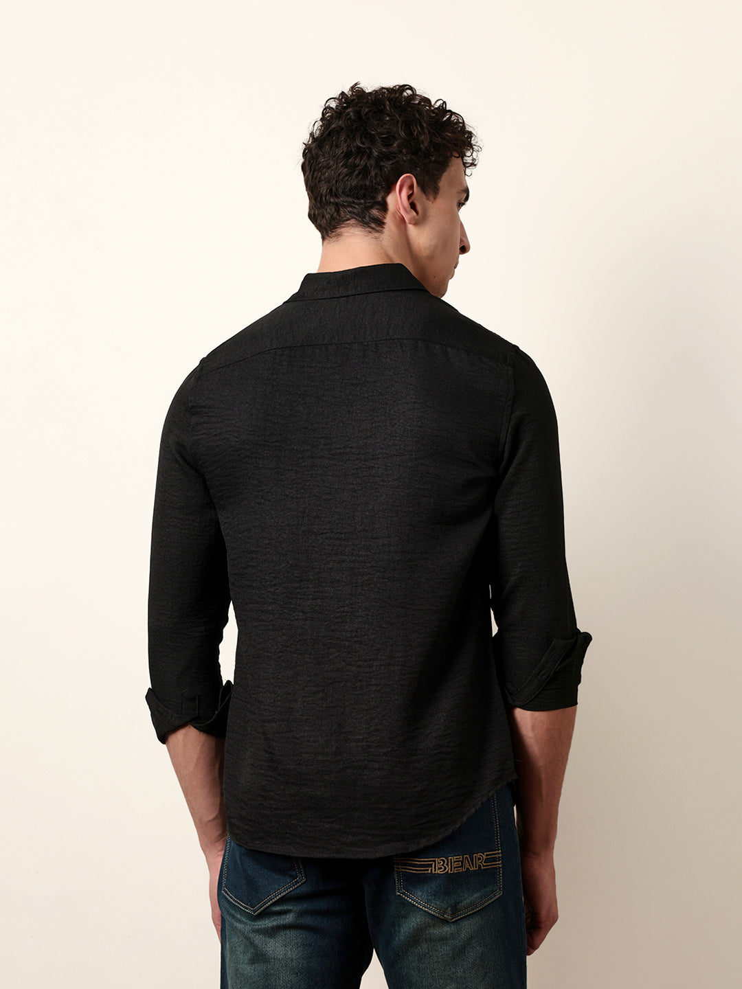 black woven solid slim fit casual shirt black woven solid slim fit casual shirt