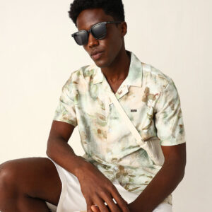 pastel green watercolor floral printed relaxed fit short sleeve shirt