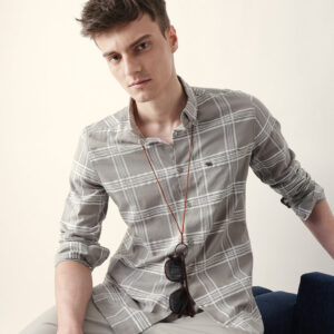 grey with white woven checked slim fit casual shirt